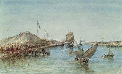 Szállítás a Szuezi-csatornán, egy szuveníralbumból, amely Eugenie császárné (1826-1920) útjára emlékezik az 1869-es beiktatáskor (wc papíron) alkotó: Edouard Riou