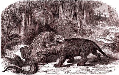 Az Iguanodon és a Megalosaurus (metszet) alkotó: Edouard Riou