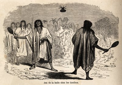 A labdajáték a perui indiai conibók között, Riou rajza P. Marcoy 1848-tól 1860-ig tartó utazásának illusztrálására a Csendes-óceántól az Atlanti-óceánig. Gravírozás a „Le tour du monde”-ban, szerkesztette Edouard Charton alkotó: Edouard Riou