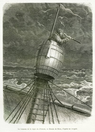 A Proven hajó órájának csöve, Riou rajza, Nils Adolf Erik (Eric) professzor báró Nordenskjold (Nordenskiold) (1832-1901) történetének illusztrálására: Svéd sarki expedíció, 1875-ben. Metszet a Le tour du monde-ban alkotó: Edouard Riou