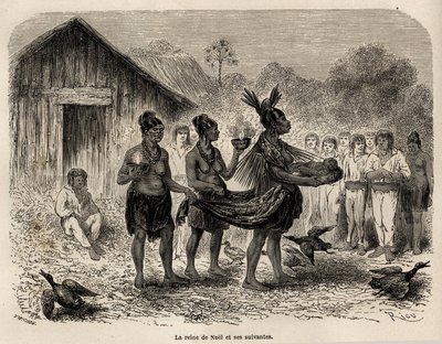 A karácsony ünnepe Sarayacuban (Peru), a karácsonyi királynő kosárban hordja a gyermek Jézust, és két követő kíséretében Riou rajzával bemutatja a gyermeket a falu összes házának, hogy illusztrálja Paul Marcoy utazását. alkotó: Edouard Riou