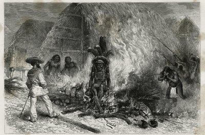 A Mana és Maroni folyók mentén élő Roucouyenne (vagy wayana) törzs hamvasztása, szemben a Bucherrel, Dr. Crevaux, Riou metszete, Dr. Jules Crevaux, a tudomány doktora által Guyana belsejében tett felfedező utazás szemléltetésére. a francia haditengerészet, alkotó: Edouard Riou