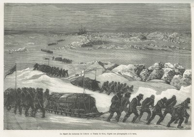 Az Alert szánok, a sarki expedíció hajójának indulása, Riou rajza, hogy illusztrálja G.S.Nares kapitány 1875-1876-os sarki tengeri utazásának történetét. Gravírozás a Le tour du monde-ban alkotó: Edouard Riou