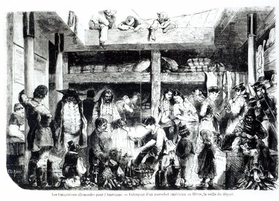 Az Amerikába indulás előestéje – Német emigránsok az Egyesült Államokba indulnak egy amerikai vonalhajó kormányzónájában Le Havre kikötőjében, 1850 körül alkotó: Edouard Riou