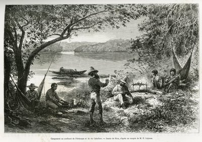A felfedezők tábora az Orenoque és a Cabullero folyó találkozásánál. Riou metszete az Új-Granada és Venezuela közötti felfedezőút illusztrálására, Doktor Crevaux, a haditengerészet első osztályú orvosa és E. Lejeanne, tengeri gyógyszerész alkotó: Edouard Riou