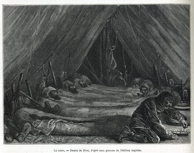 A sátor belseje a jégtáblán, Riou rajza egy 1875-1876-os sarki tengeri utazás történetének illusztrálására, G.SNares kapitány (1831-1915) alkotása. Gravírozás a Le tour du monde-ban alkotó: Edouard Riou