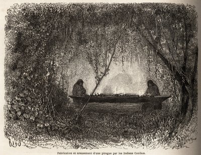 A perui Conibo indiánok tűz által evakuált kenu gyártása, Riou rajza P. Marcoy 1848-tól 1860-ig tartó utazásának szemléltetésére a Csendes-óceántól az Atlanti-óceánig. Gravírozás a „” Le tour du monde”-ban, szerkesztette Edouard Cha alkotó: Edouard Riou