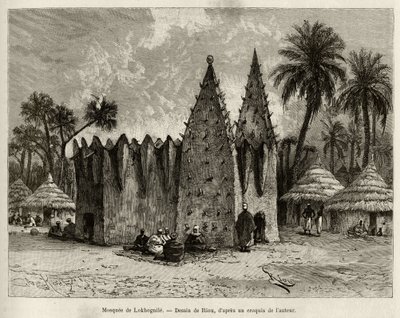 Lokhognile mecsetje (Guineai-öböl). Riou metszete Louis Gustave Binger kapitány (1856-1936) „"Nigertől a Guineai-öbölig" című történetének illusztrálására, 1887-1889-ben a Le tour du monde-ban, az új folyóiratban des voyages, irányítása alatt alkotó: Edouard Riou
