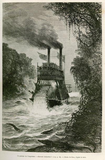 Az Angostura (Kolumbia) áthaladása az expedíció gőzhajójával, E.Riou rajza a napéjegyenlőségi Amerikába (Kolumbia, Ecuador, Peru) 1875-1876-ban, Edouard Andre (1833-1894) tett utazásának illusztrálására , utazó, akit a Fr. küldetéssel bízott meg alkotó: Edouard Riou