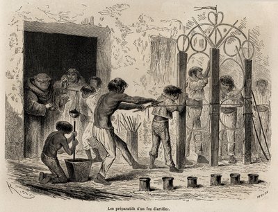 Tűzijáték előkészítése Sarayacuban (Peru), Riou rajza, Paul Marcoy 1848-tól 1860-ig tartó utazásának illusztrálására a Csendes-óceántól az Atlanti-óceánig. Metszet a „Le tour du monde”-ban, szerkesztette Edouard Charton alkotó: Edouard Riou