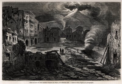 A Torre del Greco tere a Vezuve kitörése idején, 1861. december 8-án, Riou rajza, Marc Monnier 1862-es nápolyi sétáinak illusztrálására. Metszet a „Le tour du monde”-ban, szerkesztette Edouard Charton alkotó: Edouard Riou