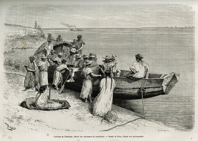 Gumikutatók indulása Tabatinga (felső Amazonas régió) környékén. Riou metszete Cayenne aux Andes történetének illusztrálására Jules Crevaux, a francia haditengerészet orvosa 1878-1879-ben, a Tour du monde-ban jelent meg, a direc alatt alkotó: Edouard Riou