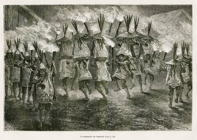 A fáklyás séta San Jose utcáin, E.Riou rajza, hogy illusztrálja a Titicaca régióban és Alsó-Peru keleti részének völgyeiben tett utazást, Paul Marcoy 1873-ban. Gravírozás a Le tour du monde-ban alkotó: Edouard Riou
