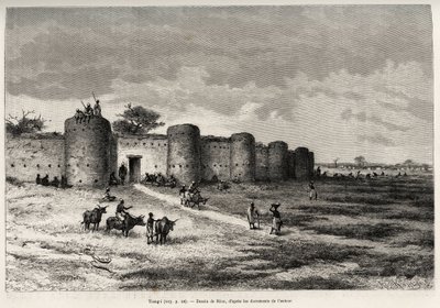 Tiong-Gi városa (Tiong Gi, Mali), erődítményeivel és agyagtornyaival. Riou metszete Louis Gustave Binger kapitány (1856-1936) „"Nigertől a Guineai-öbölig" című történetének illusztrálására, 1887-1889-ben, a Le tour du monde, új folyóiratban alkotó: Edouard Riou