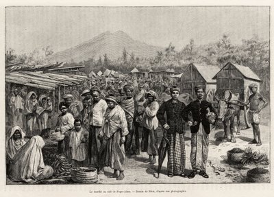Séta a Pager Alam Cafe-ban (Malajzia). Riou metszete az „egy év Malajziában” történet illusztrálására, Jules Claine (1856-1939) alkotó: Edouard Riou