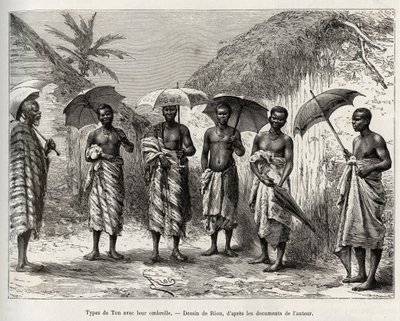 Hangtípus az esernyőjükkel. Riou metszete Louis Gustave Binger kapitány (1856-1936) „"Nigertől a Guineai-öbölig" című történetének illusztrálására, 1887-1889-ben a Le tour du monde-ban, az új folyóiratban des voyages, irányítása alatt Edouard Char alkotó: Edouard Riou