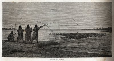 Teknősvadászat a perui indiai konibók között, Riou rajza P. Marcoy 1848-tól 1860-ig tartó utazásának szemléltetésére a Csendes-óceántól az Atlanti-óceánig. Gravírozás a „Le tour du monde”-ban, szerkesztette Edouard Charton alkotó: Edouard Riou