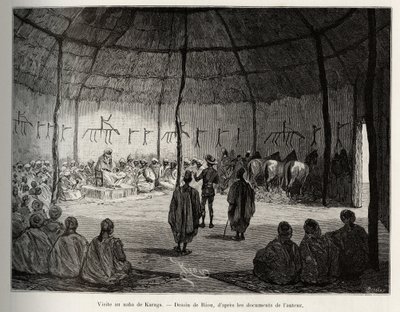 Látogatás a Karagai Nabában (Ghána). Riou metszete Louis Gustave Binger kapitány (1856-1936) „"Nigertől a Guineai-öbölig" című történetének illusztrálására, 1887-1889-ben a Le tour du monde-ban, az új folyóiratban des voyages, irányítása alatt Edouar alkotó: Edouard Riou