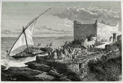 Moguedouchou (Mogadishu) kikötőjébe belépő utazók trágyájával a tengerészek hatalmas ütőt csinálnak, hogy vonzzák az embereket, akik lelkes kiáltással fogadják őket. Riou metszete a „Voyage chez les Benadir, les somalis et” történet illusztrálására alkotó: Edouard Riou