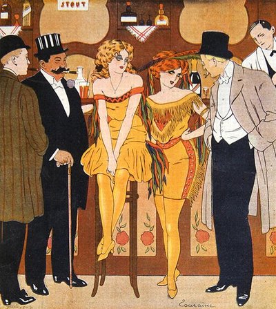 Prostituáltak karikatúrája ügyfeleikkel a „Le Rire”-ből alkotó: Edouard Touraine