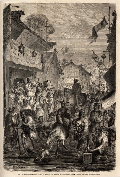 Ruhakereskedők utcája, Kalgan, Mongólia. Vaumort (? -1886) rajza M. de Bourboulon, francia kínai miniszter 1859-től 1862-ig tartó utazásának szemléltetésére Sanghajból Moszkvába. Gravírozás a „Le tour du monde”-ban, szerkesztette Edouard Chart alkotó: Edouard Vaumort