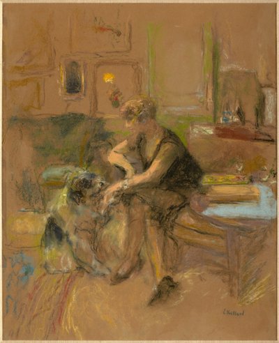 Gabrielle Jonas egy kutyával játszik alkotó: Edouard Vuillard