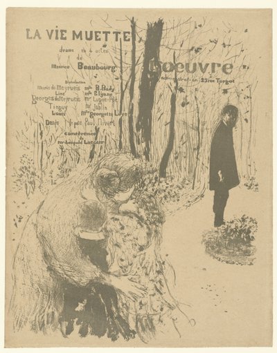 A programfüzet borítója kétgyermekes nővel és férfival a parkban a La vie muette című darabhoz, a szerepek és a színészek listájával La vie muette alkotó: Edouard Vuillard