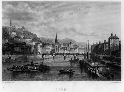 Kilátás Lyon városára, Rhone megyére, Rhone-Alpes régióra, Franciaország. Willmann metszet a „La France ancienne et moderne” című könyvében, Jean-Bernard Mary-Lafon (Jean Bernard Mary Lafon) alkotó: Edouard Willmann