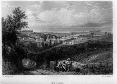 Kilátás a város Morlaix, Finistere, Bretagne, Franciaország. Willmann metszet az „Ókori és modern Franciaországban” – Jean-Bernard Mary-Lafon (Jean Bernard Mary Lafon) alkotó: Edouard Willmann