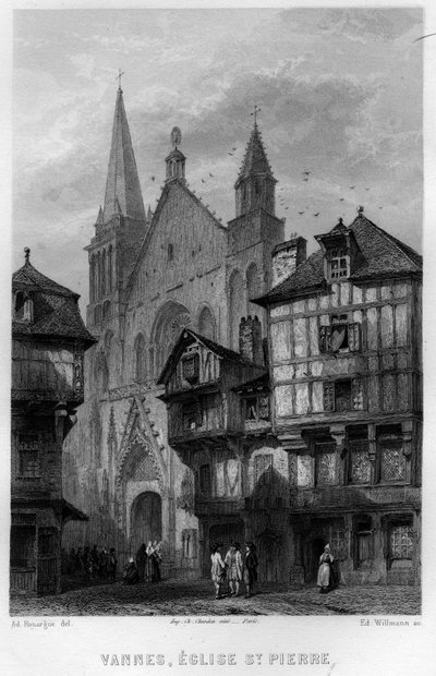 Kilátás Vannes városára és a Saint Pierre-templomra, Morbihan, Bretagne, Franciaország. Willmann metszet a „La France ancienne et moderne” című könyvében, Jean-Bernard Mary-Lafon (Jean Bernard Mary Lafon) alkotó: Edouard Willmann