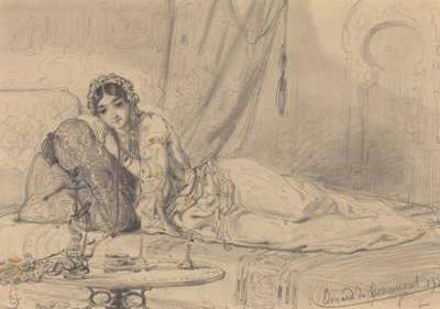 Egy közel-keleti nő fekve egzotikus környezetben alkotó: Edouard de Beaumont