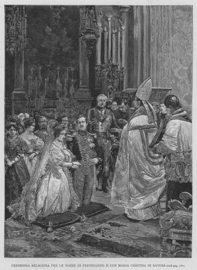 Vallási szertartás II. Ferdinánd esküvőjére Savoyai Mária Cristinával (metszet) alkotó: Edouardo Matania