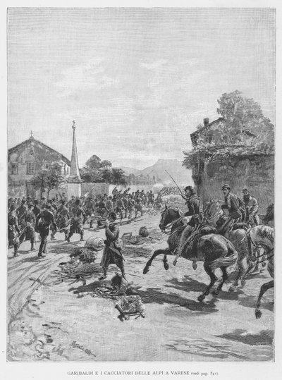 Garibaldi és a varesei Alpok vadászai (metszet) alkotó: Edouardo Matania