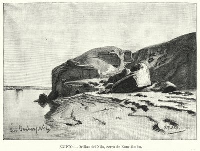 A Nílus partja, Kom Ombo közelében, Egyiptom (litho) alkotó: Eduard (after) Hildebrandt