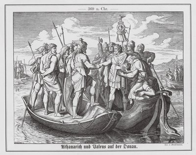 Valens római császár és Athanarik vizigót király találkozása a Dunán, 369 (metszet) alkotó: Eduard Bendemann