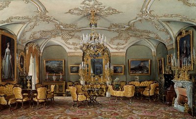 Alexandra Fjodorovna (Fjodorovna vagy Fedorovna vagy Porosz Charlotte (1798-1860)), I. Miklós cár felesége szalonjának kilátása a Gatchina-palotában. Eduard (Edouard) Hau (1807-1870) akvarell 19. századi Szentpétervár, Ermitázs Múzeum alkotó: Eduard Hau