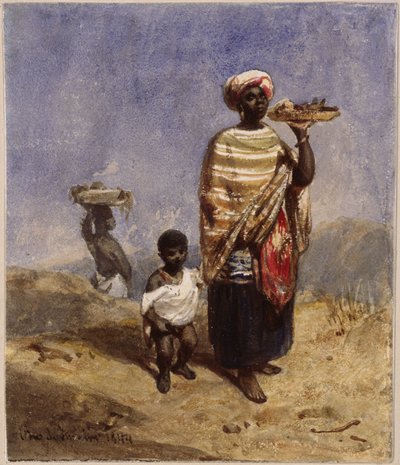 Egy afro-brazil nő, aki jobb kezénél fogva vezet egy kisfiút, bal kezével pedig gyümölcsöstálat támaszt alkotó: Eduard Hildebrandt