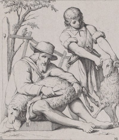 Két férfi birkanyírás, kb. 1842. alkotó: Eduard Julius Friedrich Bendemann