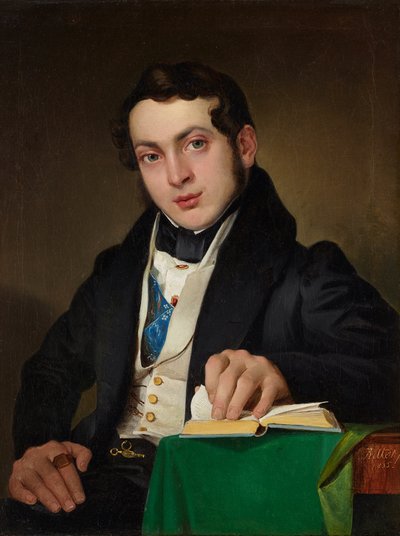 Ülő fiatalember fekete szoknyában alkotó: Eduard Ritter