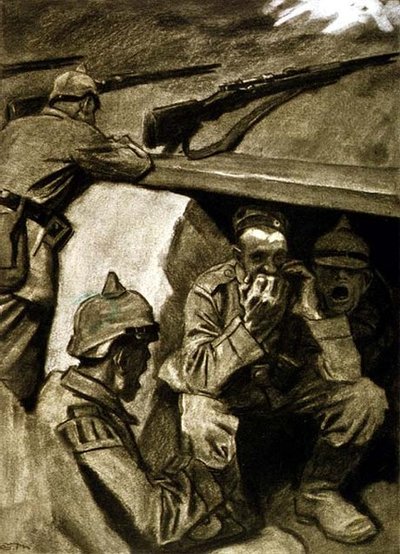 Szájorgona a lövészárokban, illusztráció egy német folyóiratból, "Simplicissimus", 1915 körül (litho) alkotó: Eduard Thöny