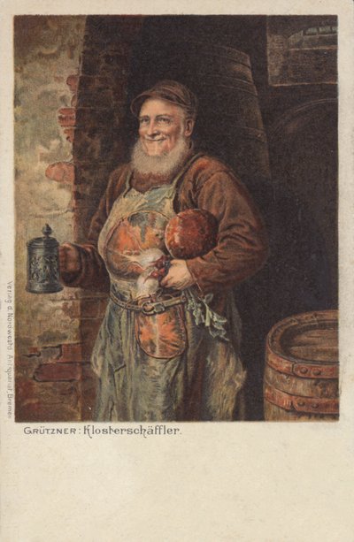 Der Klosterschaeefler: szerzetes, aki egy korsó sört és ebédjét viszi (chromolitho) alkotó: Eduard von (after) Grutzner
