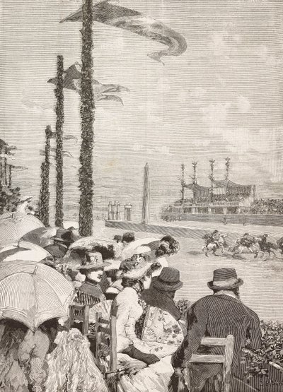 Lóversenyek a pompei fesztiválokon, Pompeii, Olaszország, metszet Edoardo Dalbono rajzából, L