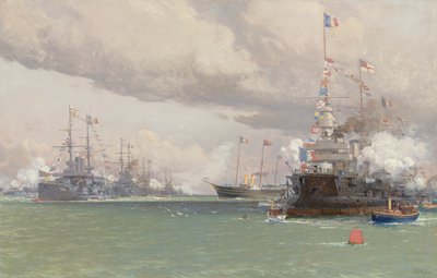 L"Entente Cordiale: The Royal Yacht Victoria & Albert III, az angol-francia flottának áttekintése a Cowes Roadon, 1905 alkotó: Eduardo de Martino