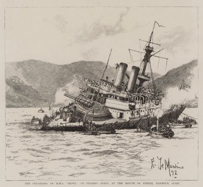 A HMS Howe partraszállása a Pereiro-zátonyokon, Ferrol kikötő torkolatánál, Spanyolország alkotó: Eduardo de Martino