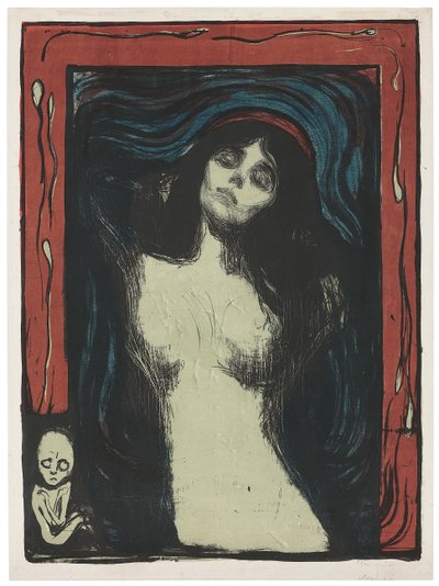 Madonna – Liebendes Weib, c. 1895-1902 (litográfia, fekete, piros, kék és jáde zöld színnel, fehérre nyomtatva) alkotó: Edvard Munch