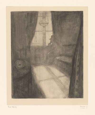 Férfi egy belső térben ül az ablaknál Holdfény. Éjszaka Saint-Cloudban (eredeti cím) alkotó: Edvard Munch