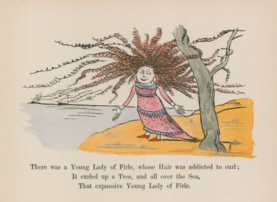 Volt egy Firle-i ifjú hölgy, akinek a haja göndörödött (színes metszet). alkotó: Edward (after) Lear