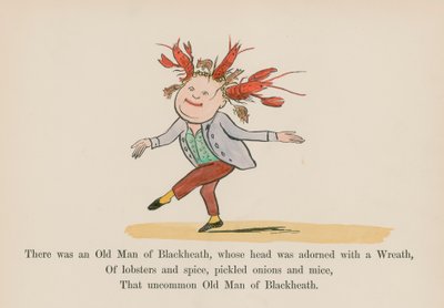 Volt egy Blackheath-i öregember, akinek a fejét koszorú díszítette (színes metszet). alkotó: Edward (after) Lear