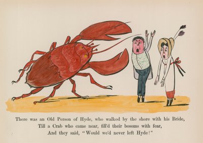 Volt egy Hyde-i öregember, aki a parton sétált a menyasszonyával (színes metszet). alkotó: Edward (after) Lear