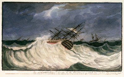 HMS "Szent György" az 1805-ös hurrikánban, 1805 körül (akvarell) alkotó: Edward Bamfylde Eagles